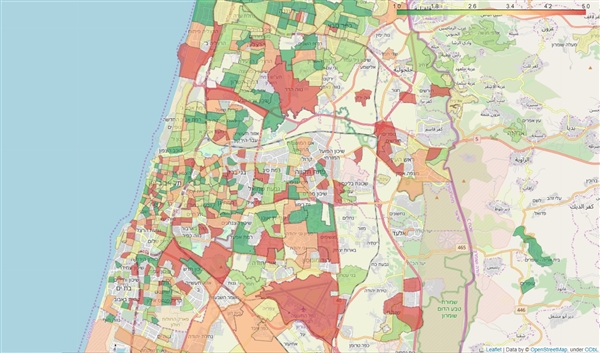 Gush Dan Neighborhoods: Average COVID-19 associated symptoms region map. City municipal regions with at least 30 responders and neighborhoods with at least 10 responders are shown. Each region is colored by a category defined by the average symptoms ratio, calculated by averaging the reported symptoms rate by responders in that city or neighborhood. Green - low symptoms rate, red - high symptoms rate