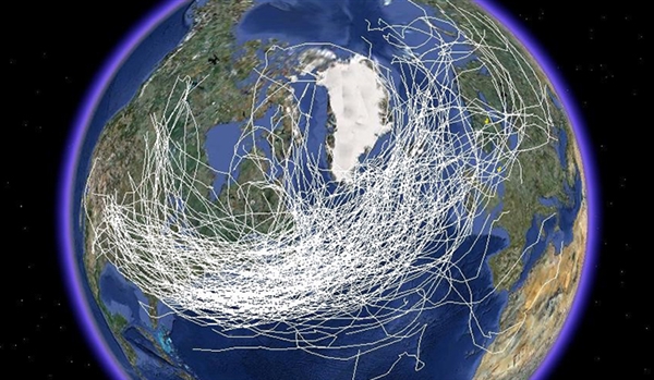 Google Earth map displaying storm tracks in the North Atlantic region.