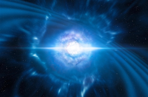 This artist’s impression shows two tiny but very dense neutron stars at the point at which they merge and explode as a kilonova. Credit: ESO/L. Calçada/M. Kornmesser
