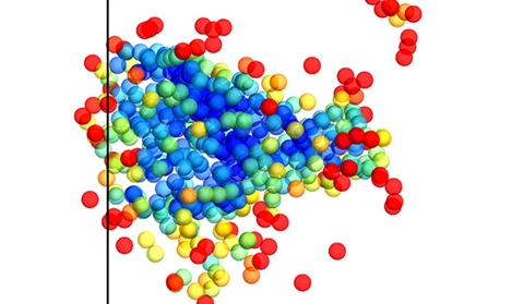 A three-dimensional molecular model show that order and density increase progressively – from the lowest (red) at the periphery to the highest (blue) degree of order at the center
